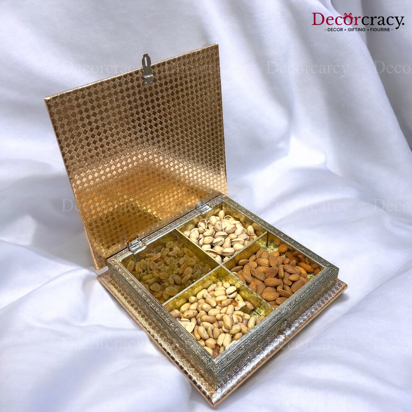Rose Gold 4 Partition Dry Fruit Mukhwas Box Wooden 10"