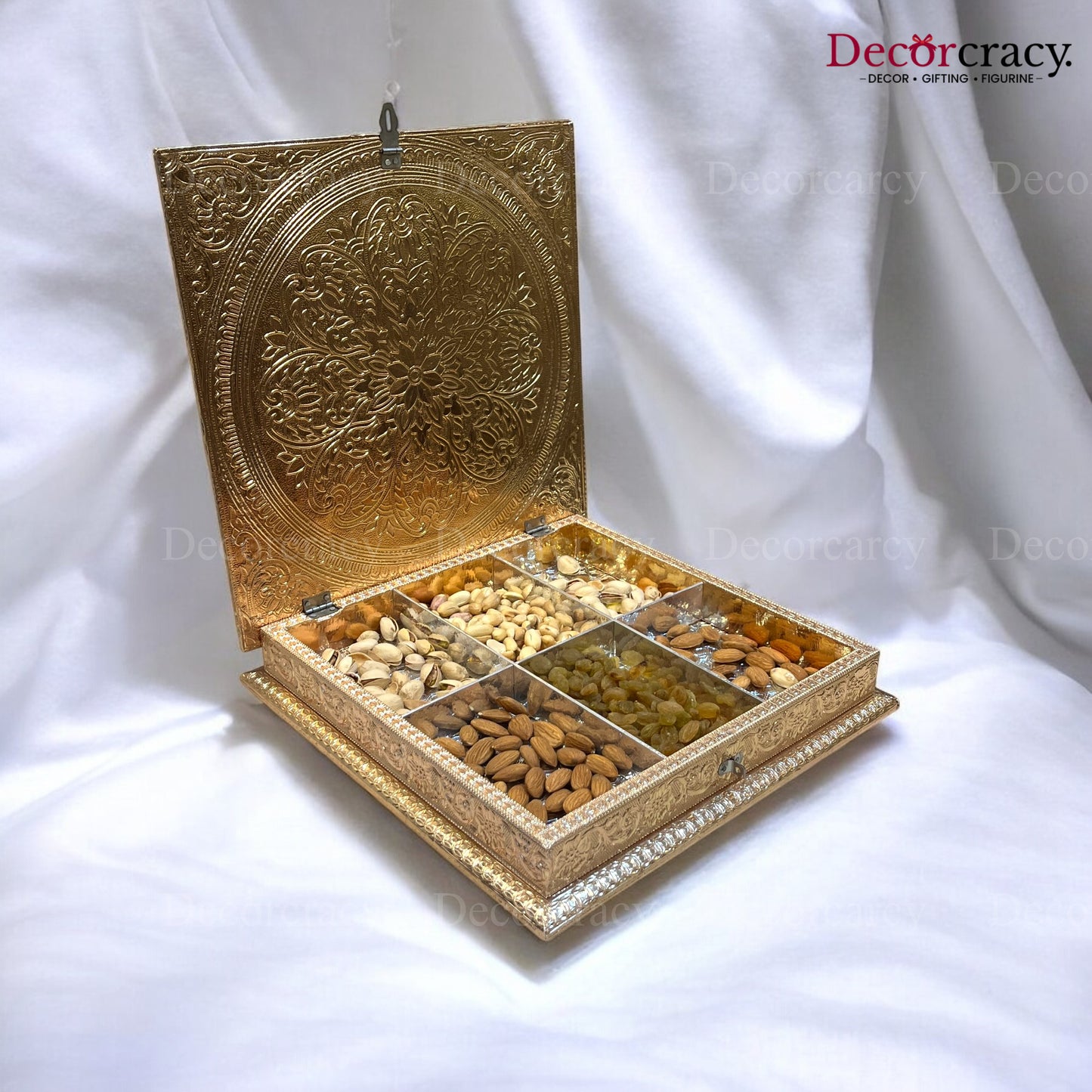 Golden 6 Partition Dry Fruit Mukhwas Box Fine Quality Wooden 12"