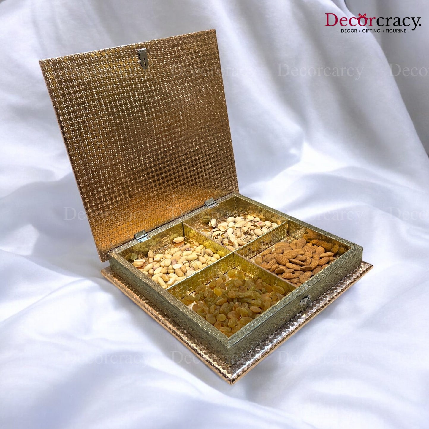 Rose Gold 4 Partition Dry Fruit Mukhwas Box Wooden 12"