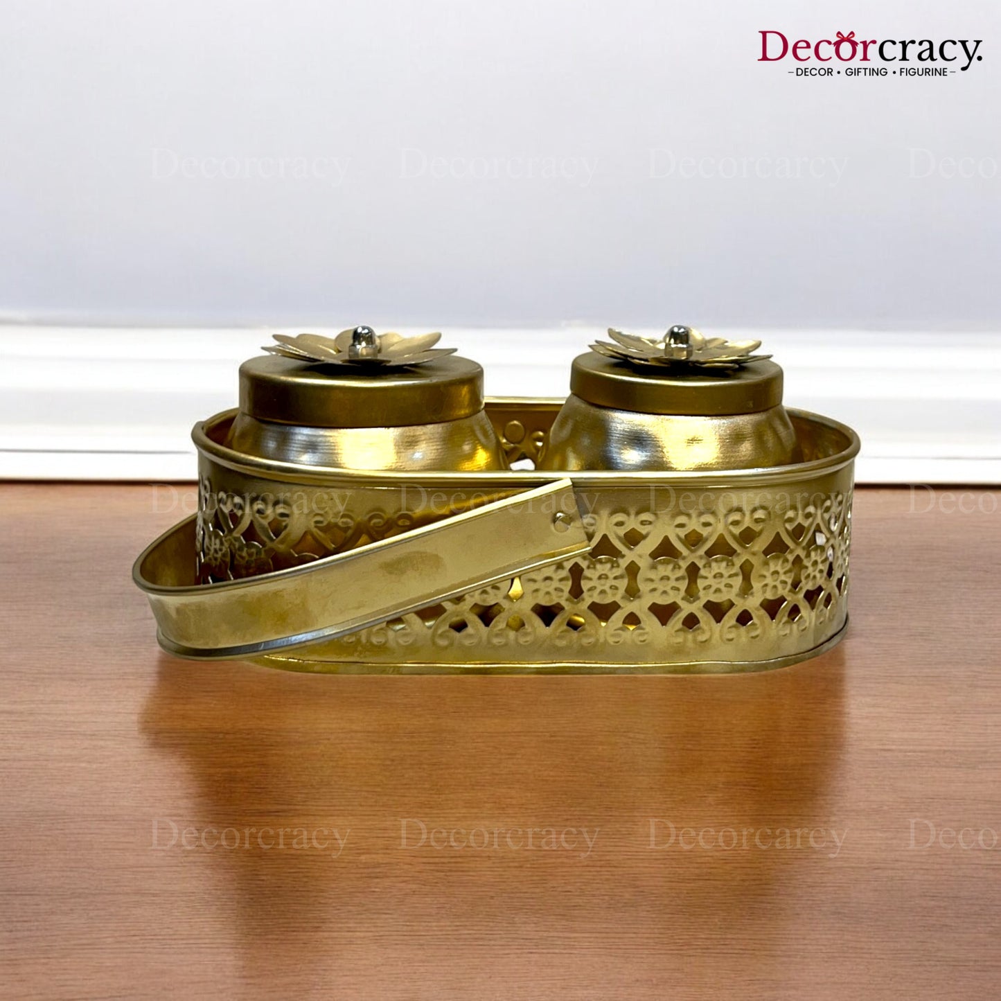 2 Jar Dry Fruit Mukhwas Serving Box Antique Golden Metal 8"