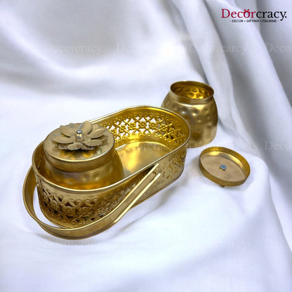 2 Jar Dry Fruit Mukhwas Serving Box Antique Golden Metal 8"