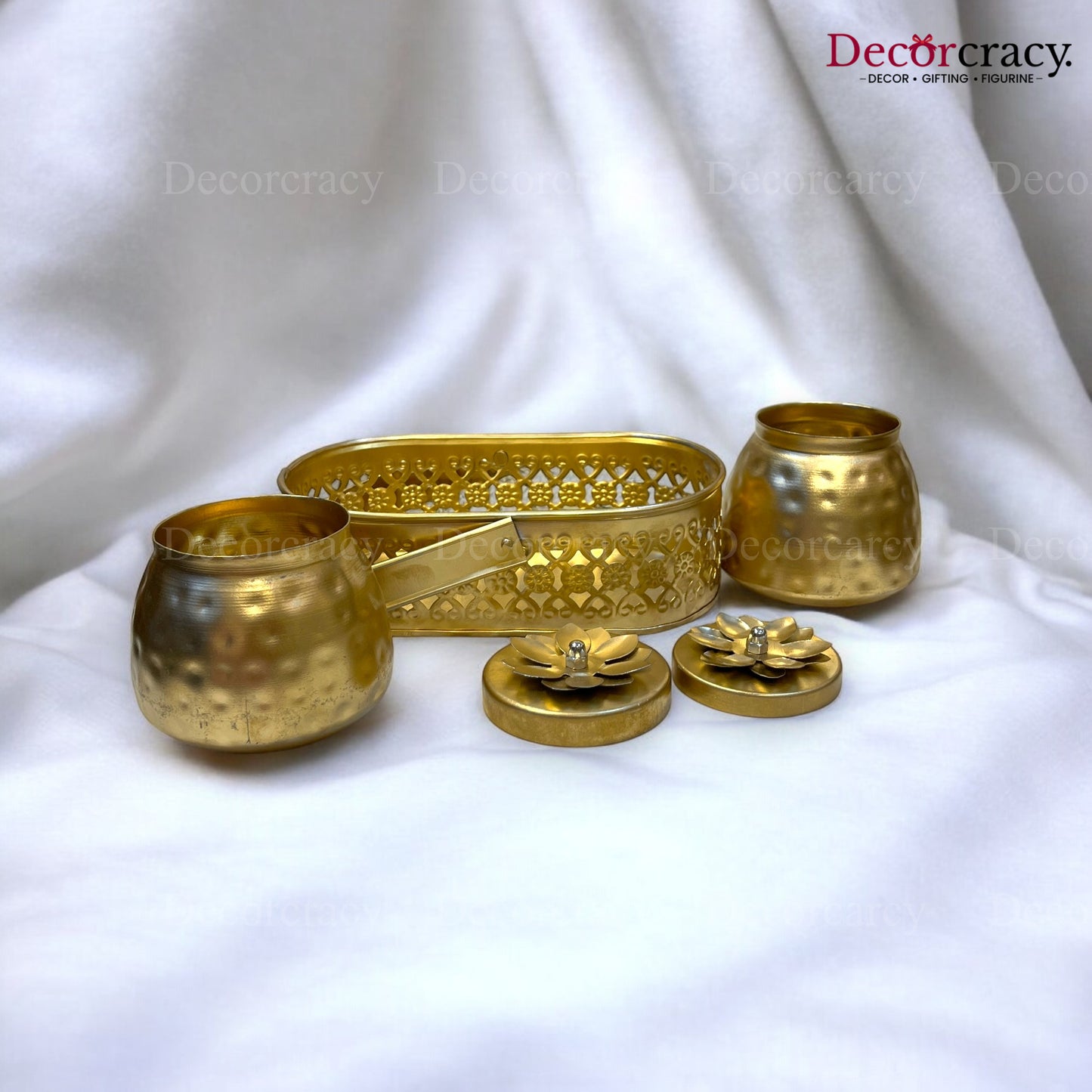 2 Jar Dry Fruit Mukhwas Serving Box Antique Golden Metal 8"