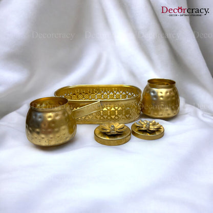 2 Jar Dry Fruit Mukhwas Serving Box Antique Golden Metal 8"