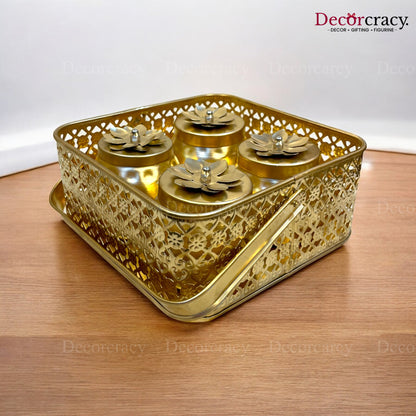 4 Jar Dry Fruit Mukhwas Serving Box Antique Golden Metal 8"