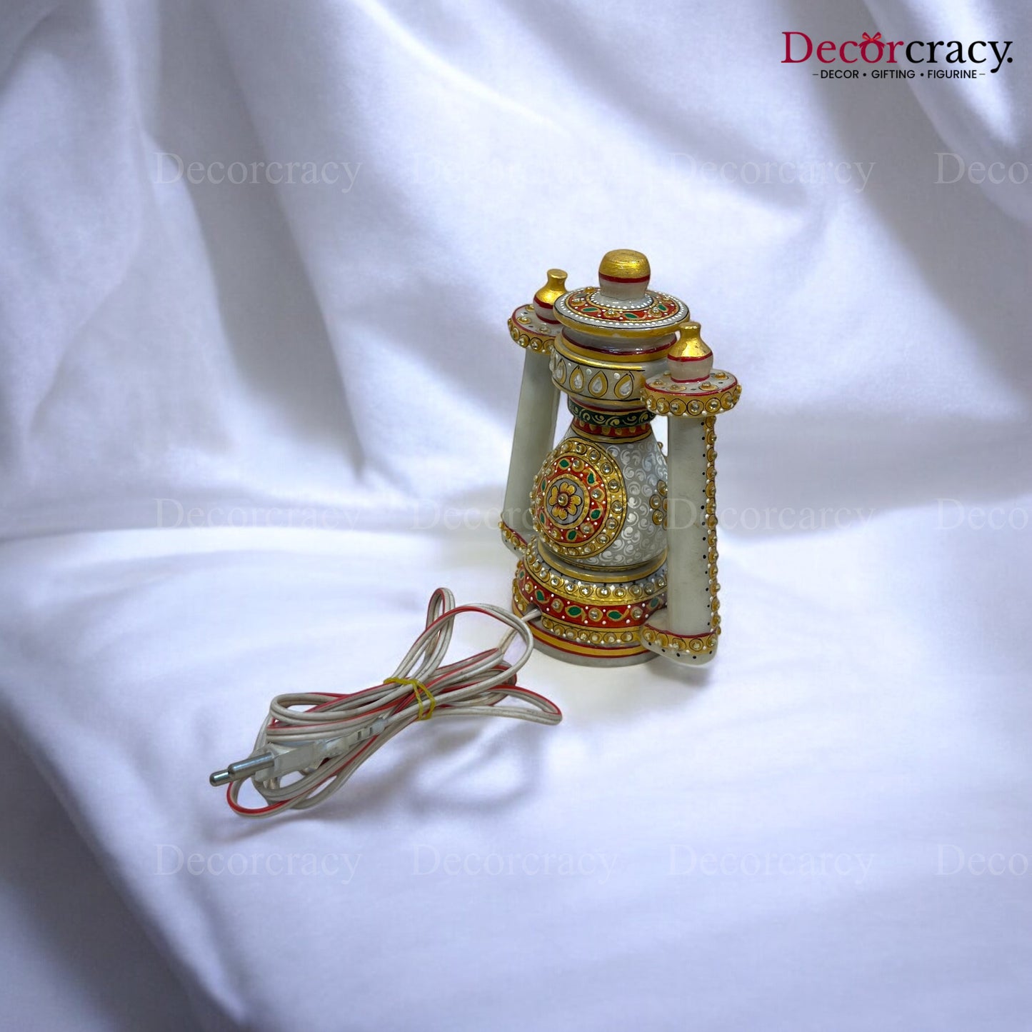 Rajasthani Marble Lamp with Bulb Meenakri Lantern 7"