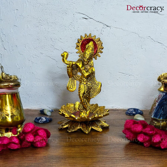 Shree Krishna on Lotus with Bansuri Metal golden