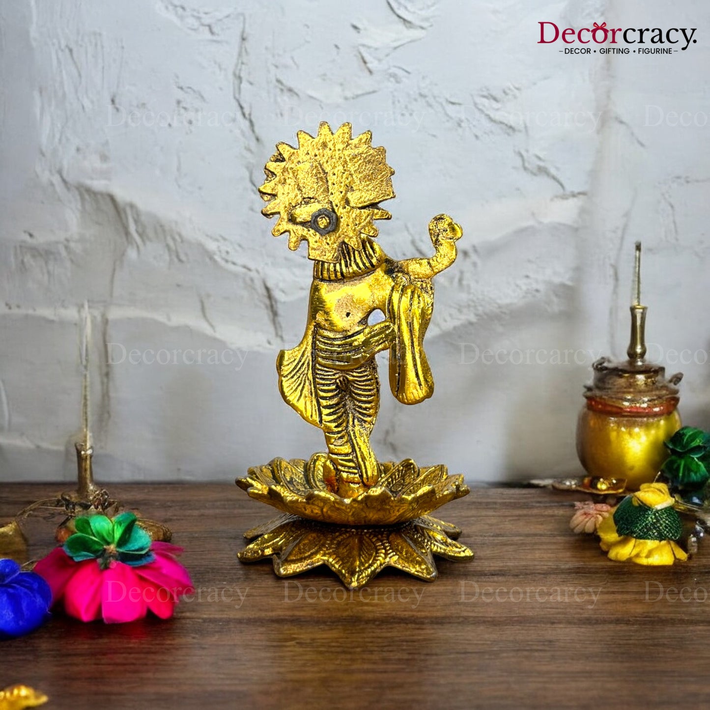 Shree Krishna on Lotus with Bansuri Metal golden