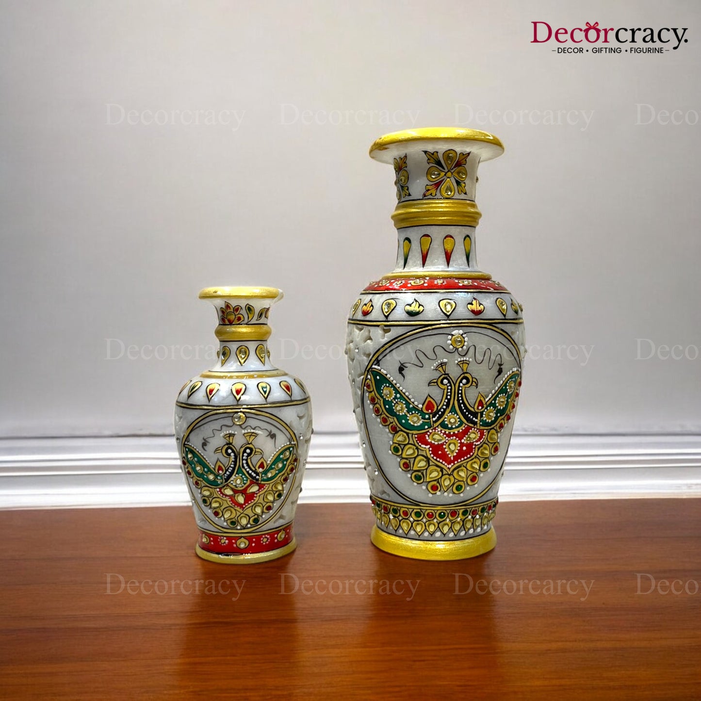 Rajasthani Marble Netted Vase Meenakari Set 6 & 10"