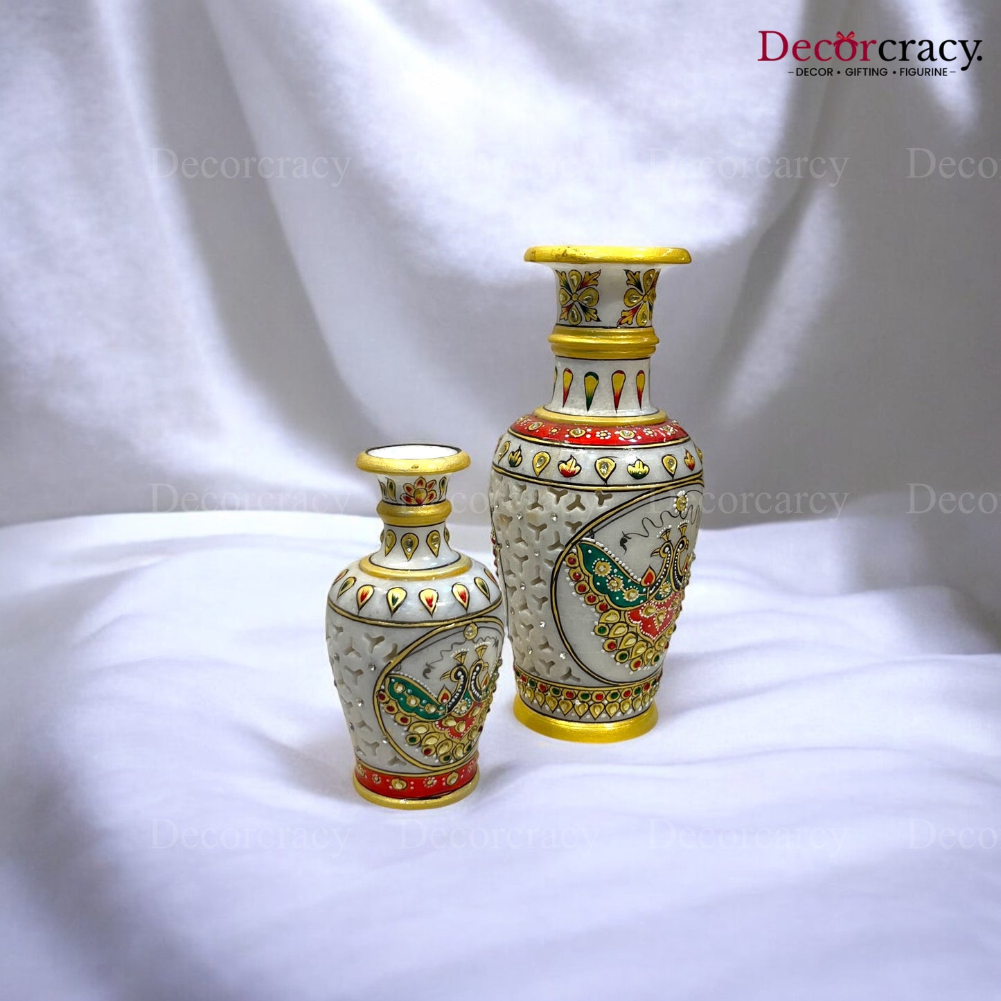Rajasthani Marble Netted Vase Meenakari Set 6 & 10"