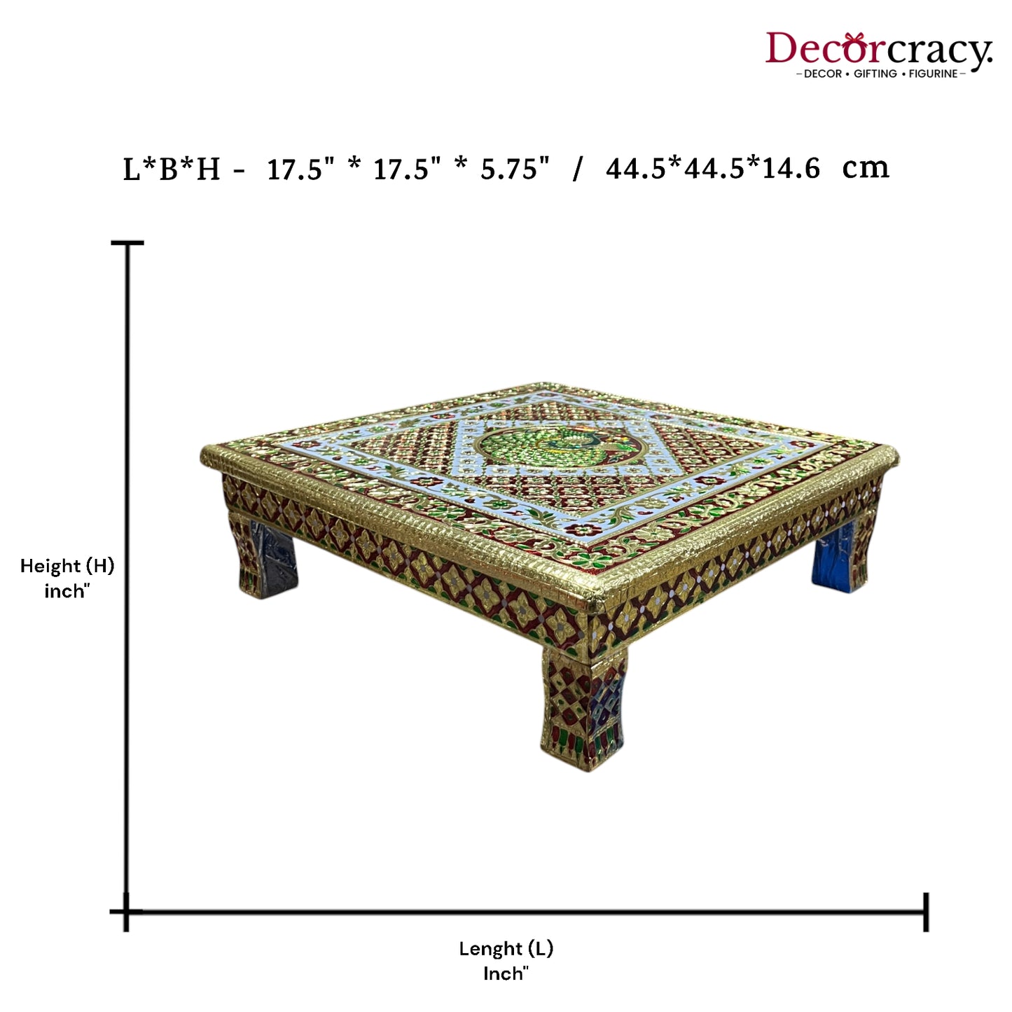 Pooja Chowki Patla Golden Meenakari Peacock Plain Bajot Stool 18"