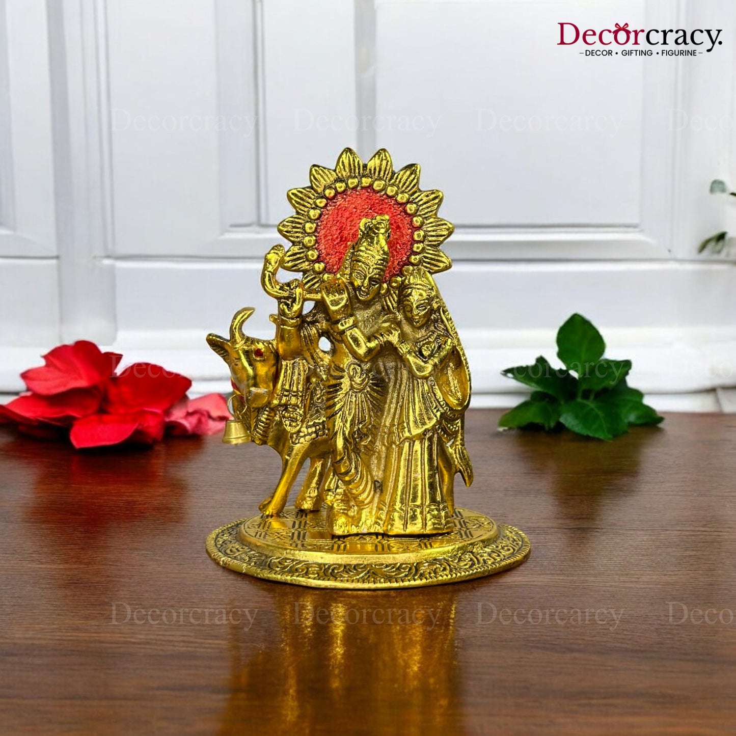 Shree Radha Krishna Cow with Bansuri Halo Metal golden