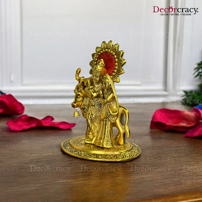 Shree Radha Krishna Cow with Bansuri Halo Metal golden