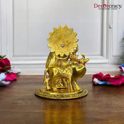 Shree Radha Krishna Cow with Bansuri Halo Metal golden