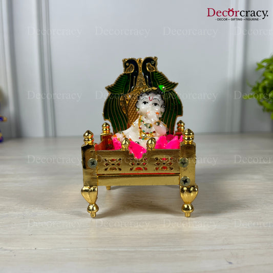 Laddu Gopal Singhasan Pooja Chowki with Peacock Design Golden 4"