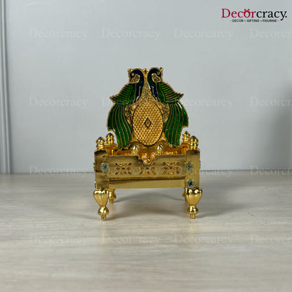 Laddu Gopal Singhasan Pooja Chowki with Peacock Design Golden 4"