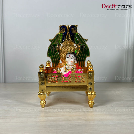 Laddu Gopal Singhasan Pooja Chowki with Peacock Design Golden 5"