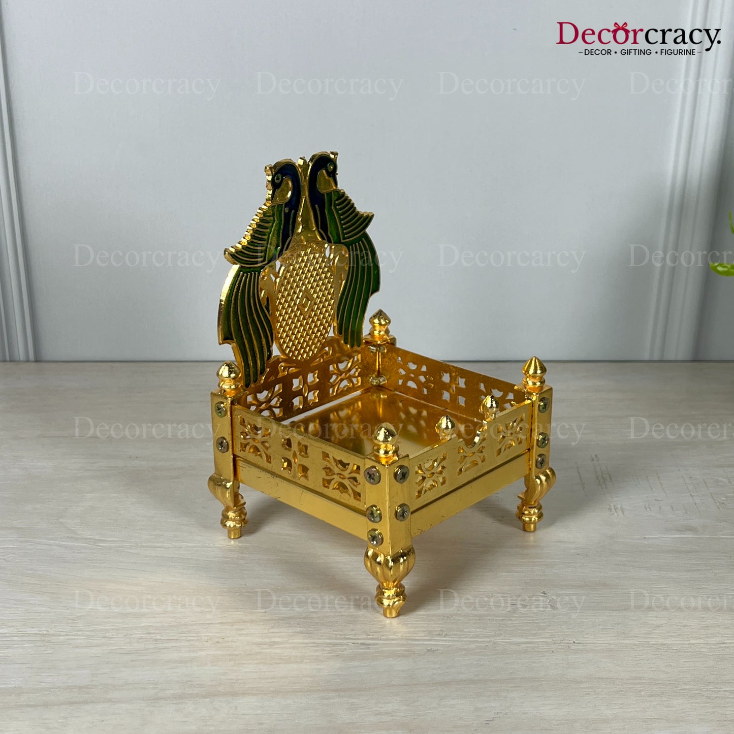 Laddu Gopal Singhasan Pooja Chowki with Peacock Design Golden 5"