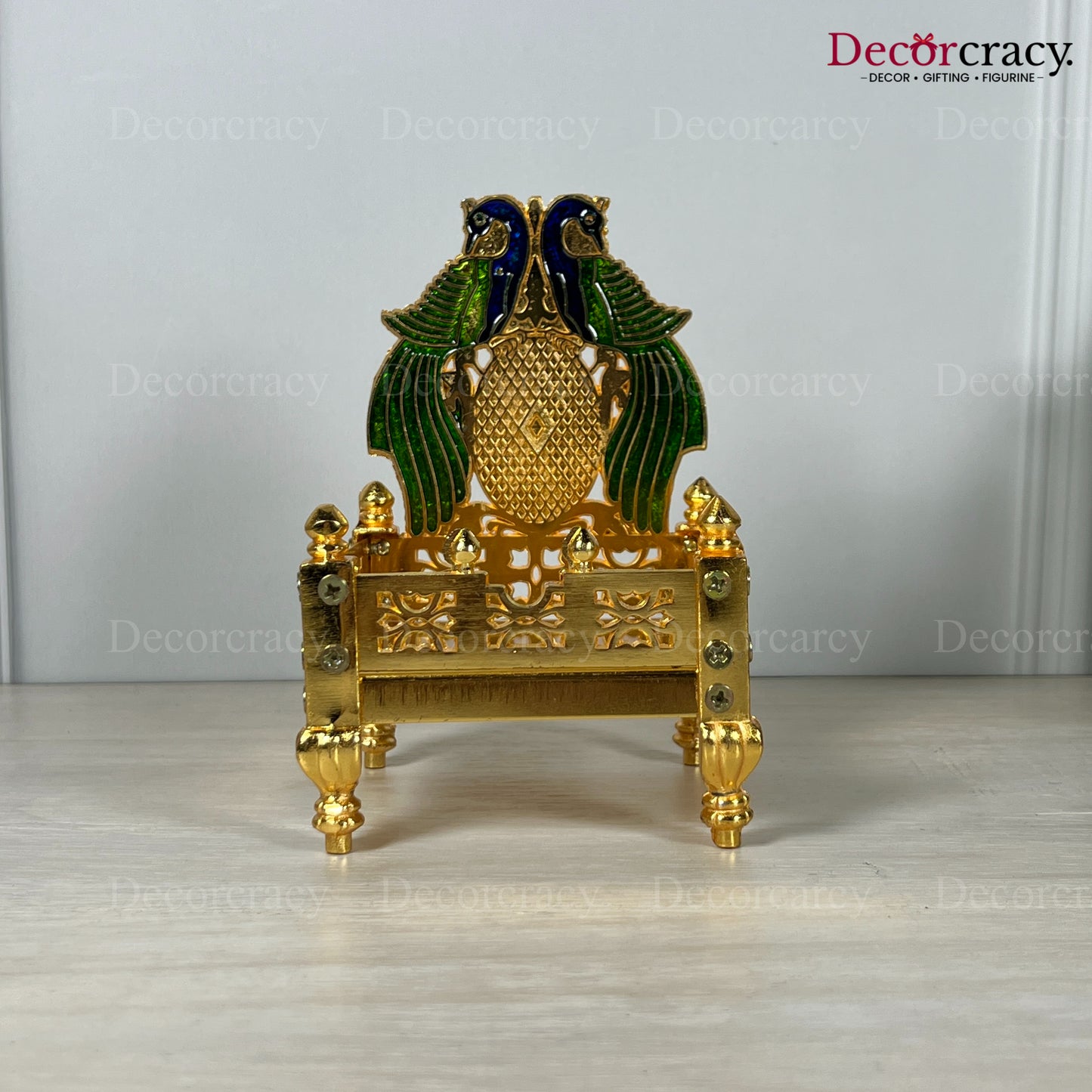 Laddu Gopal Singhasan Pooja Chowki with Peacock Design Golden 5"