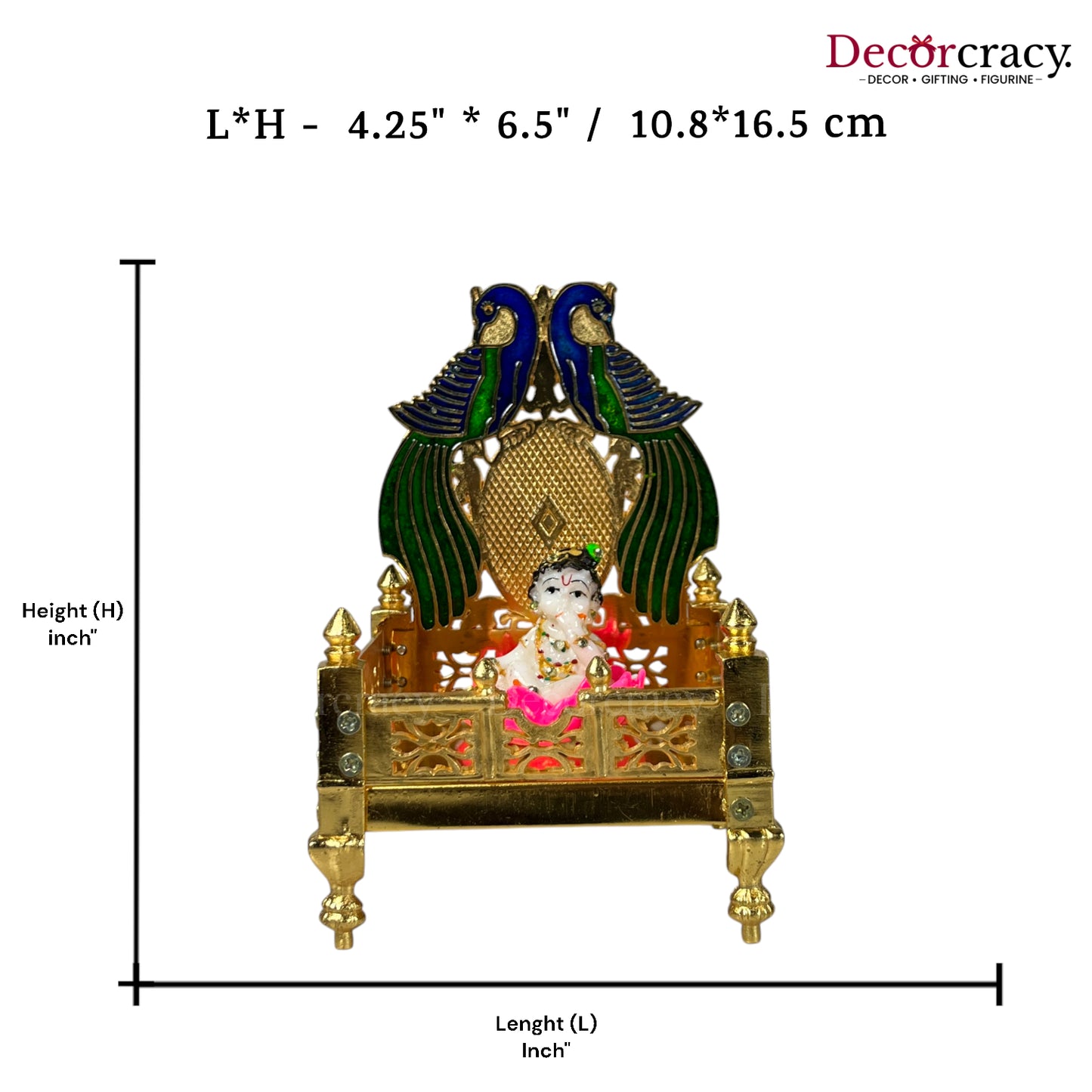 Laddu Gopal Singhasan Pooja Chowki with Peacock Design Golden 7"