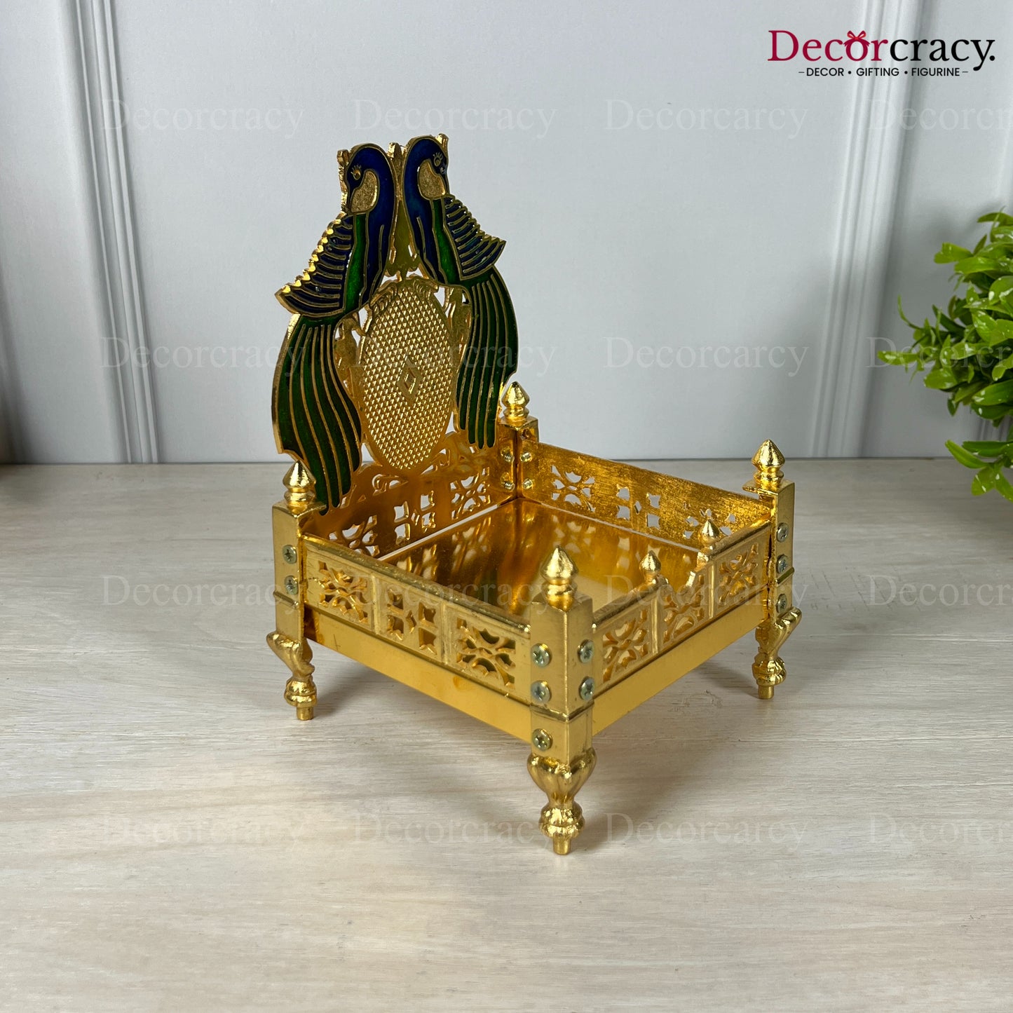 Laddu Gopal Singhasan Pooja Chowki with Peacock Design Golden 7"