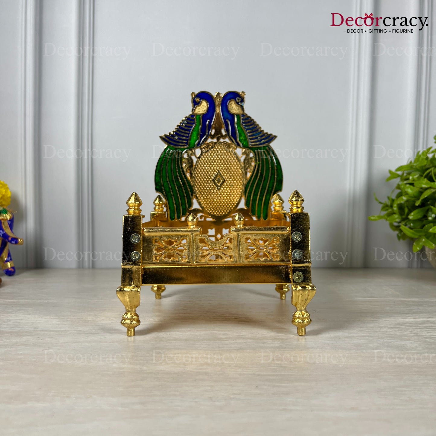 Laddu Gopal Singhasan Pooja Chowki with Peacock Design Golden 7"