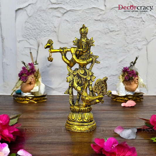 Shree Krishna playing Flute with Peacock Metal golden