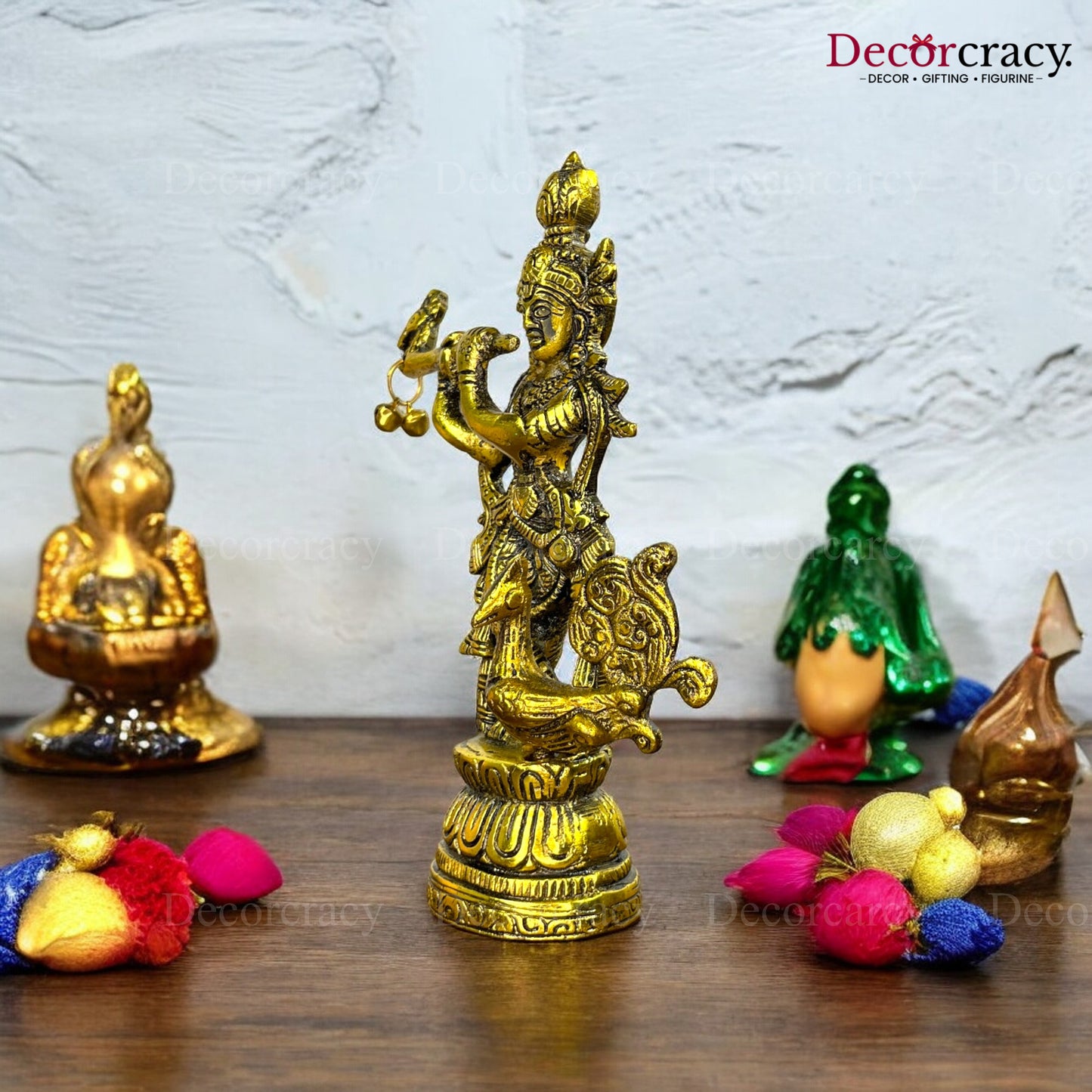 Shree Krishna playing Flute with Peacock Metal golden