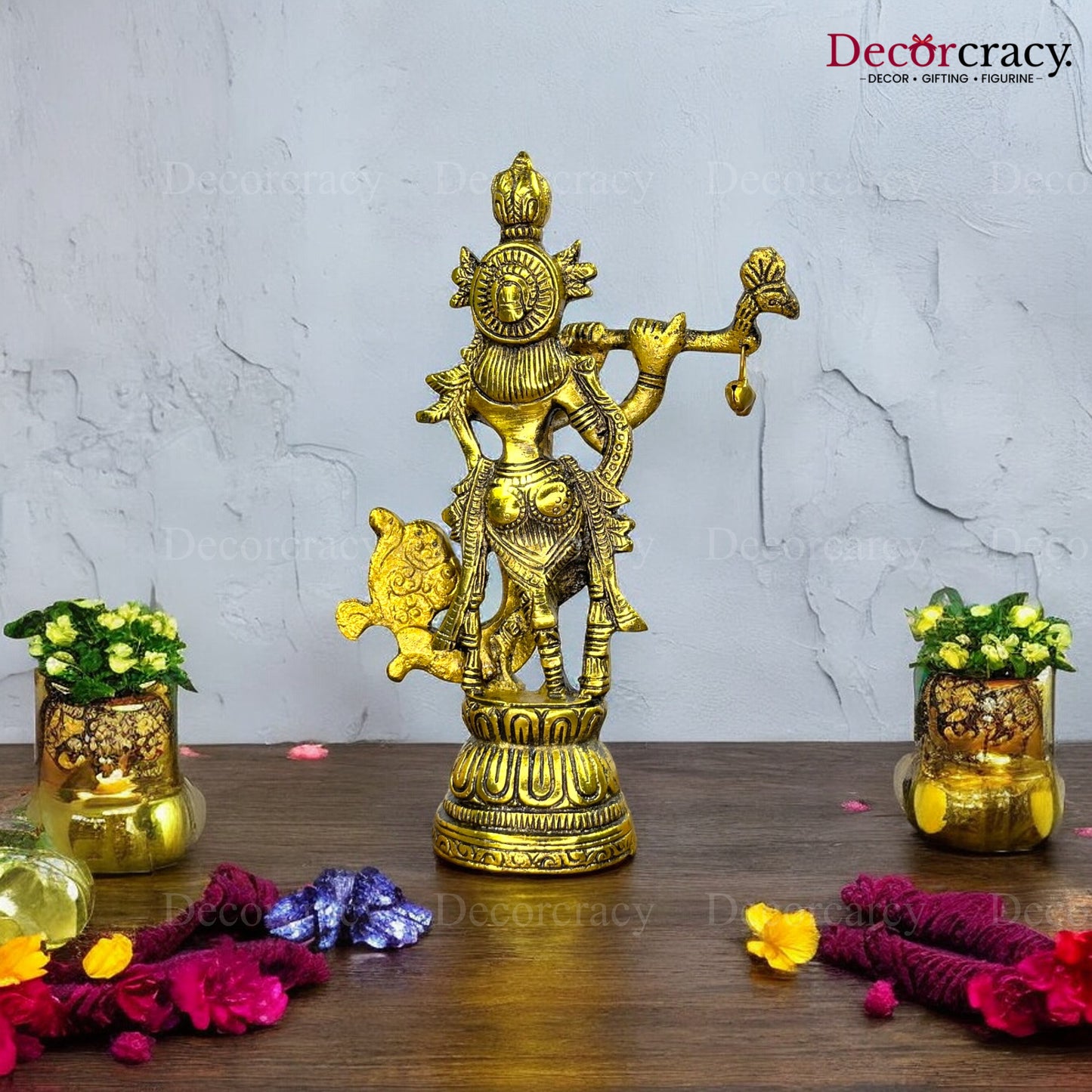 Shree Krishna playing Flute with Peacock Metal golden