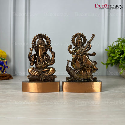Shree Ganesh Saraswati Antique Copper Metal God SP Idol