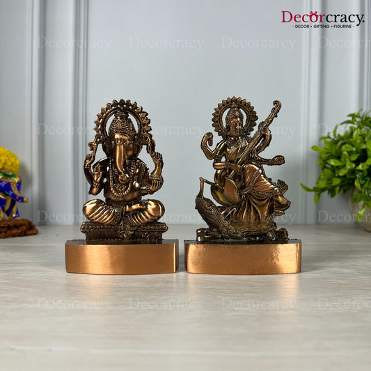 Shree Ganesh Saraswati Antique Copper Metal God SP Idol