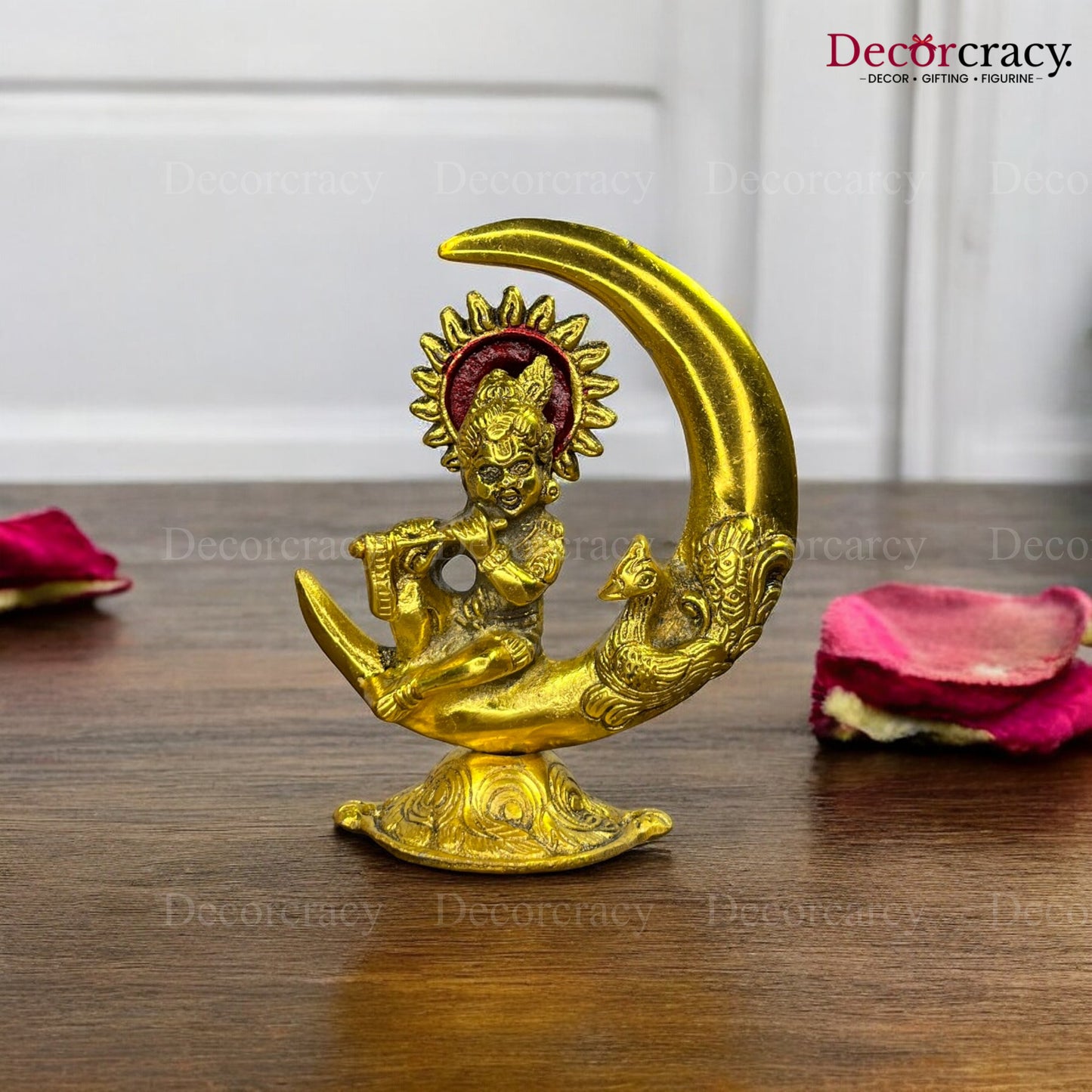 Laddu Gopal on Cresent Moon with Peacock Metal golden