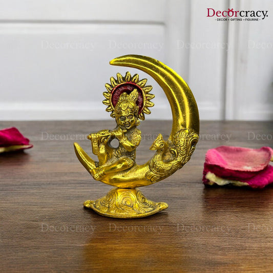 Laddu Gopal on Cresent Moon with Peacock Metal golden
