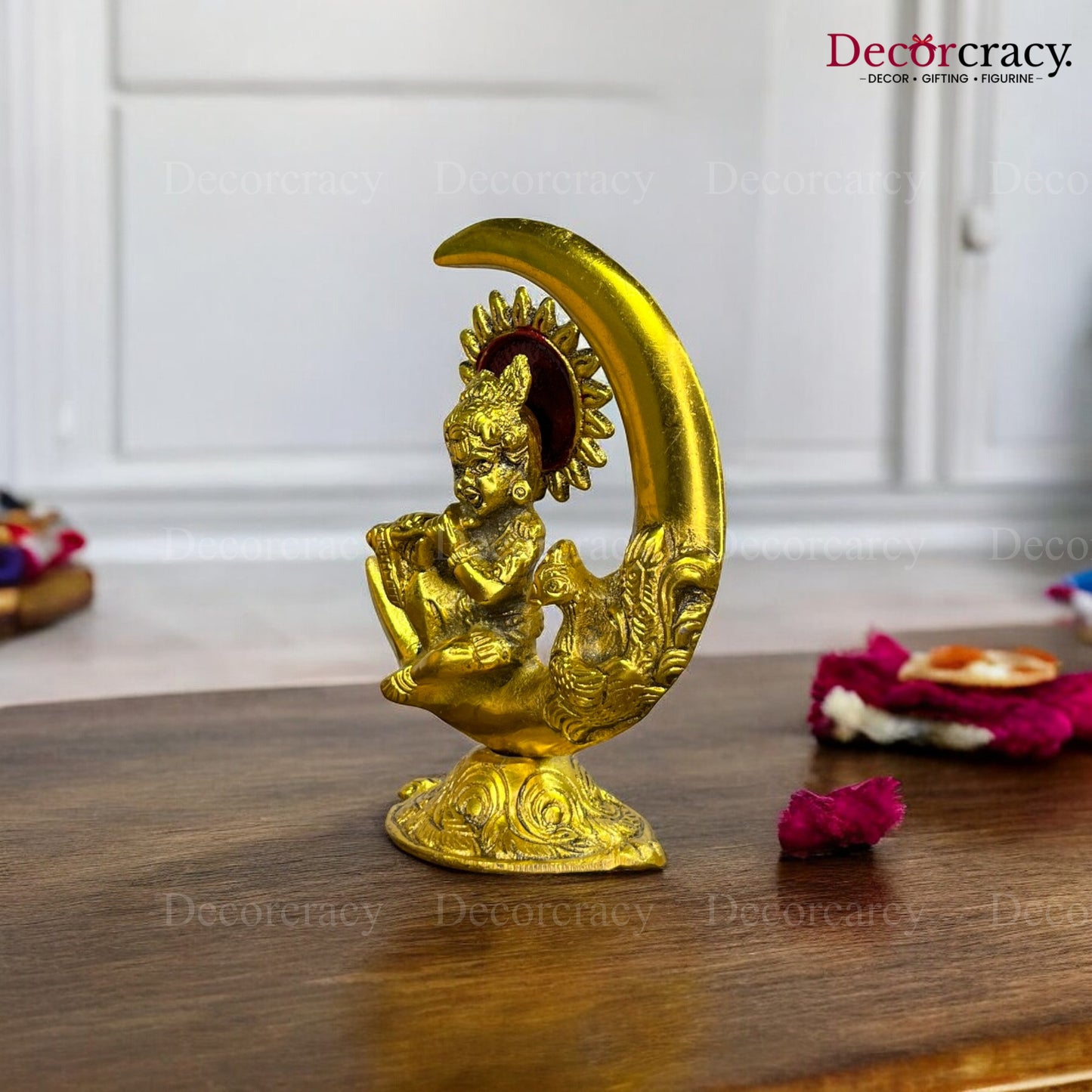 Laddu Gopal on Cresent Moon with Peacock Metal golden
