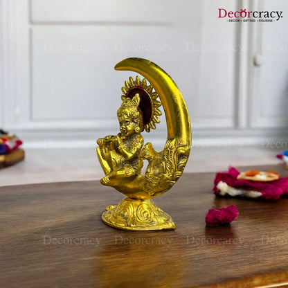 Laddu Gopal on Cresent Moon with Peacock Metal golden