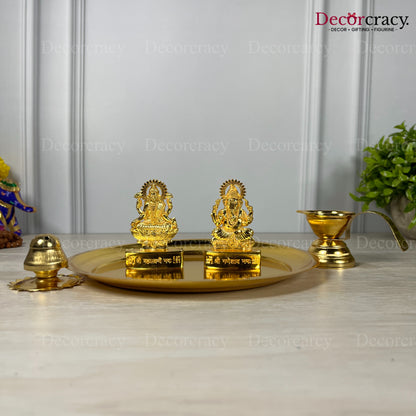 Shree Lakshmi Ganesh Pooja Thali with Diya Deepak Agarbatti Stand Metal Golden SP