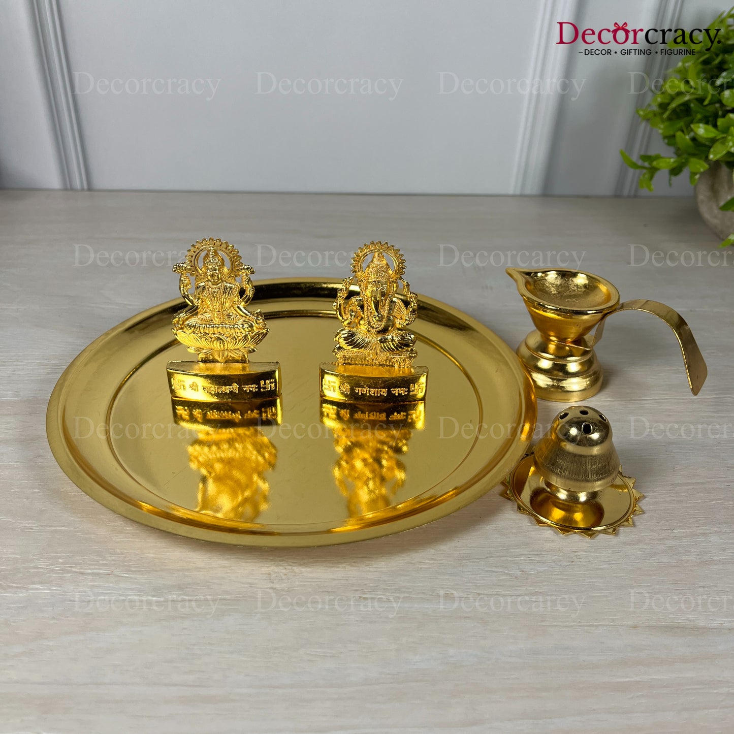 Shree Lakshmi Ganesh Pooja Thali with Diya Deepak Agarbatti Stand Metal Golden SP