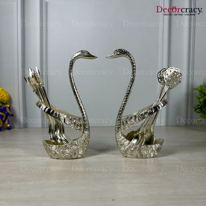 Swan Duck Spoon Fork Stand Set for Dining Table Silver