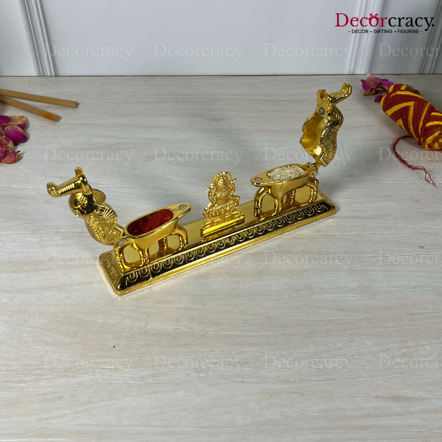 Lakshmi Elephant Roli Moli Teeka Sindoor Chawal Golden Metal SP