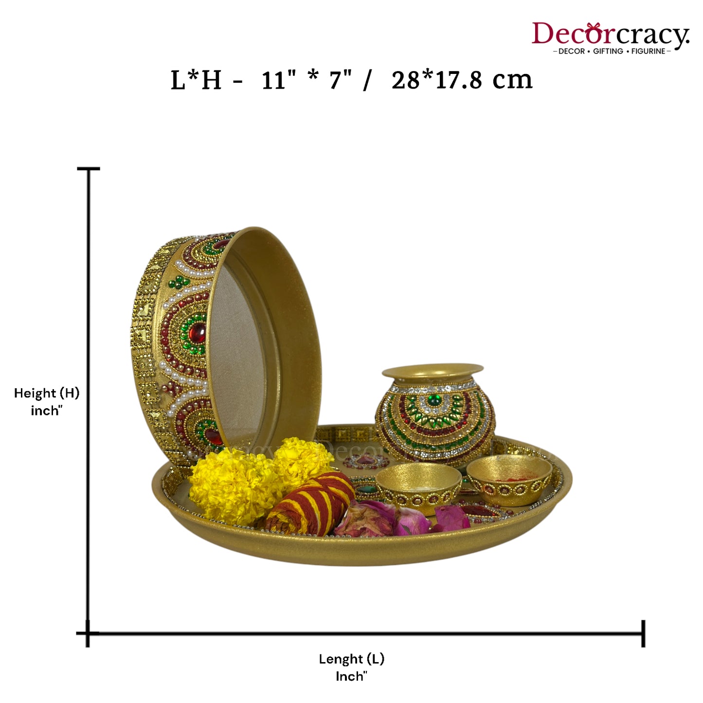 Golden Stone Karwa Chout Chot Pooja Karwa Lota Kalash Diya Channi Thali Steel Set 12"