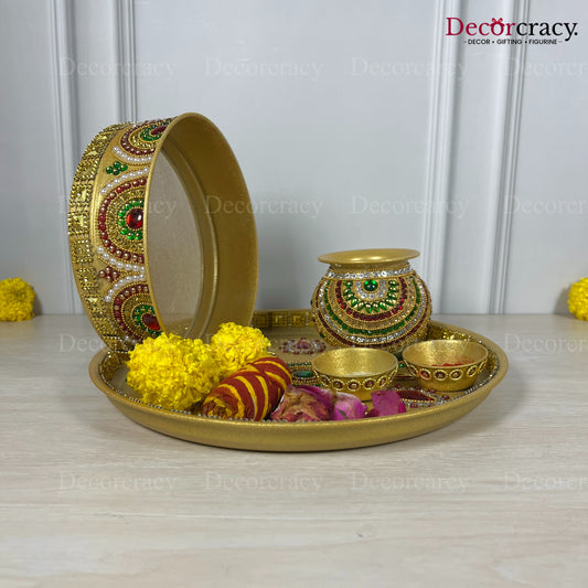 Golden Stone Karwa Chout Chot Pooja Karwa Lota Kalash Diya Channi Thali Steel Set 12"