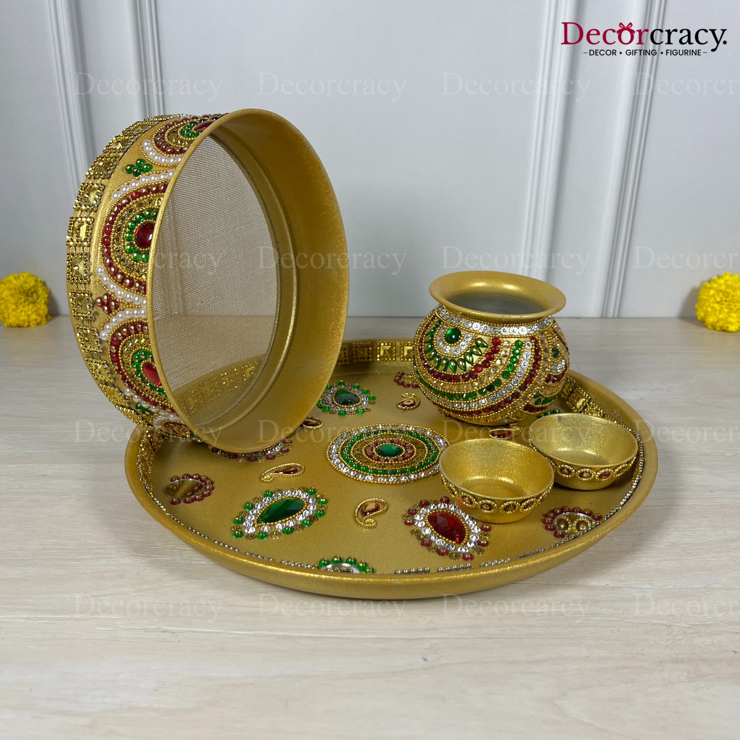 Golden Stone Karwa Chout Chot Pooja Karwa Lota Kalash Diya Channi Thali Steel Set 12"