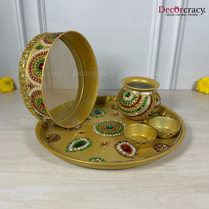 Golden Stone Karwa Chout Chot Pooja Karwa Lota Kalash Diya Channi Thali Steel Set 12"