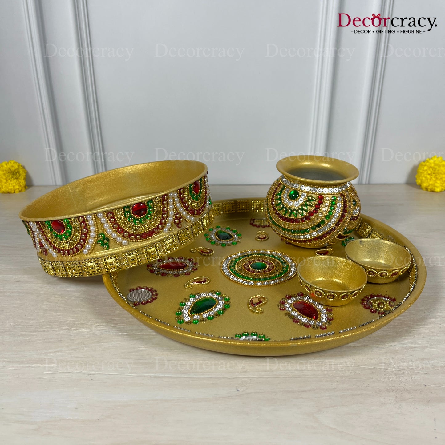 Golden Stone Karwa Chout Chot Pooja Karwa Lota Kalash Diya Channi Thali Steel Set 12"