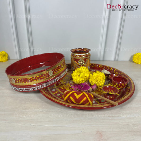 Red Karwa Chout Chot Pooja Karwa Lota Kalash Diya Channi Thali Steel Set 12"