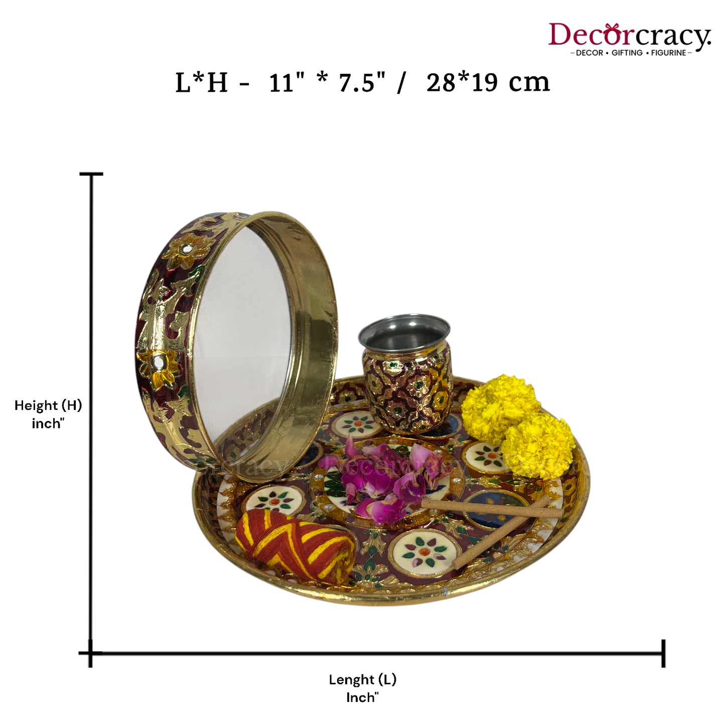 Golden Karwa Chout Full Meenakari Chot Pooja Karwa Lota Kalash Diya Channi Thali Steel Set 12"