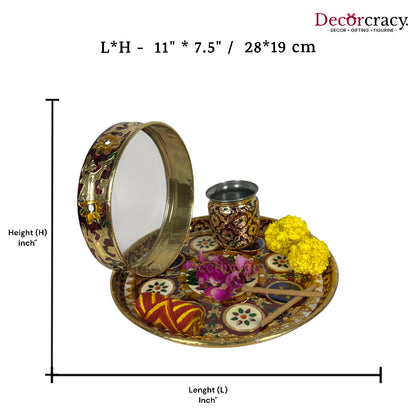Golden Karwa Chout Full Meenakari Chot Pooja Karwa Lota Kalash Diya Channi Thali Steel Set 12"