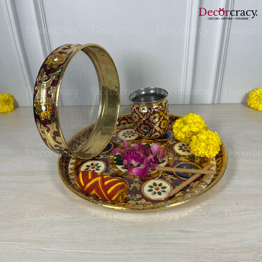 Golden Karwa Chout Full Meenakari Chot Pooja Karwa Lota Kalash Diya Channi Thali Steel Set 12"