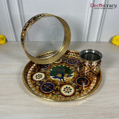 Golden Karwa Chout Full Meenakari Chot Pooja Karwa Lota Kalash Diya Channi Thali Steel Set 12"