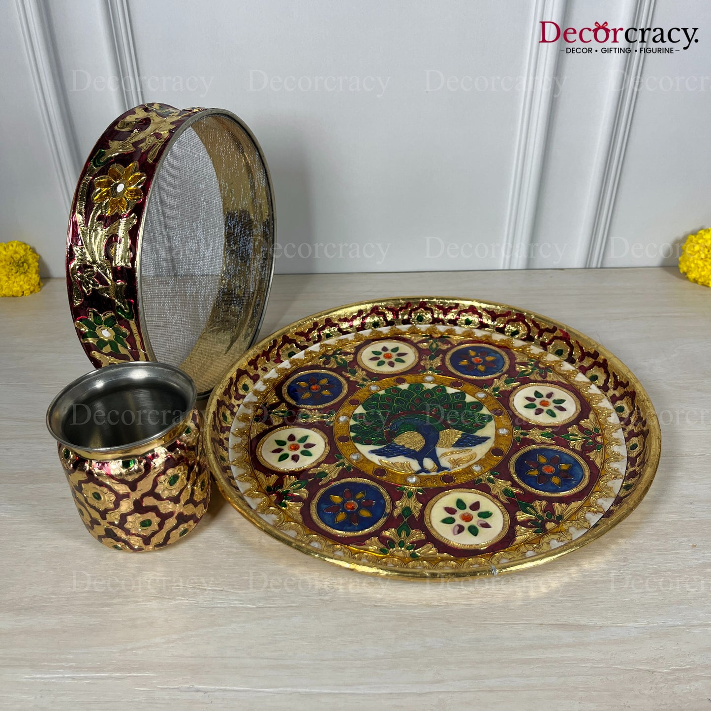 Golden Karwa Chout Full Meenakari Chot Pooja Karwa Lota Kalash Diya Channi Thali Steel Set 12"