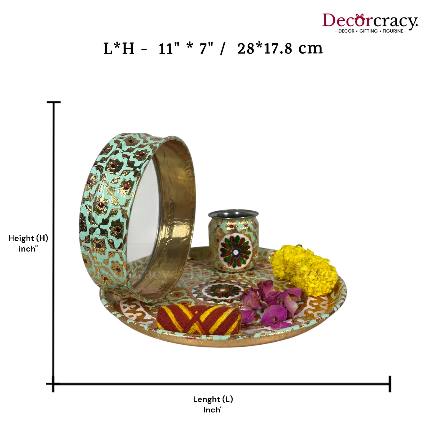Blue Mint Karwa Chout Full Meenakari Chot Pooja Karwa Lota Kalash Diya Channi Thali Steel Set 12"